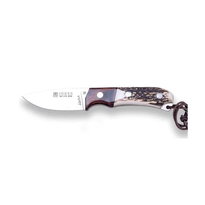 Cuchillo de caza Joker «Águila» CC103, hoja de 8,5 cm MOVA, mango asta de ciervo, virola de madera roja, con funda marrón de cuero, Herramienta de pesca, caza, camping y senderismo