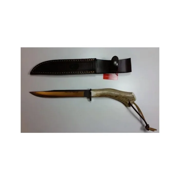 Cuchillo de caza Muela Gredos GRED-15, hoja de 15,5 cm de acero inoxidable MOVA, largo total 27 cm, incluye funda de piel marrón + tarjeta multiusos de regalo