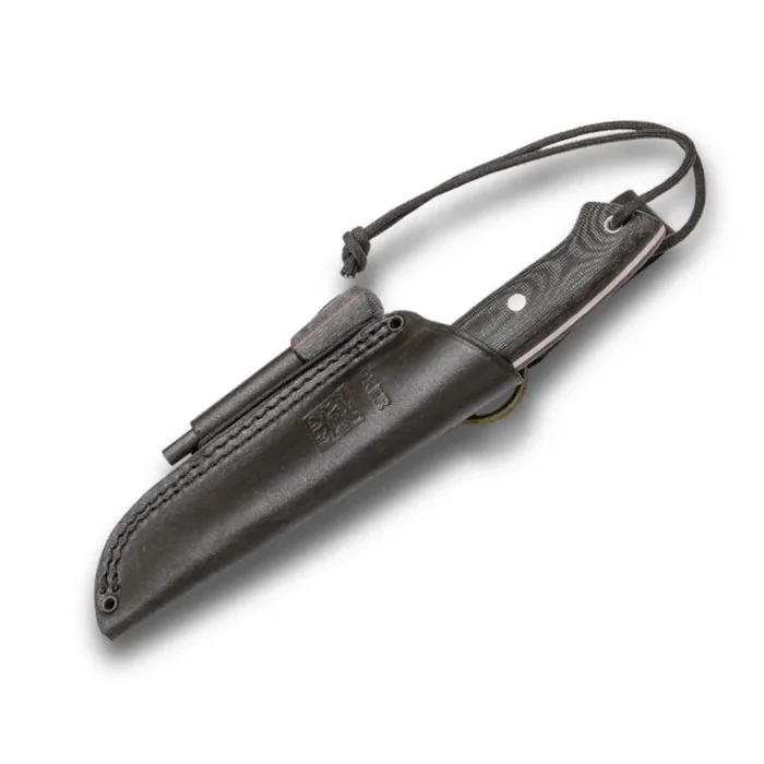 Cuchillo de caza Ranger Joker CM144-P, mango Micarta Canvas, hoja de 11 cm, funda piel marrón con pedernal, Herramienta de pesca, caza, camping y senderismo