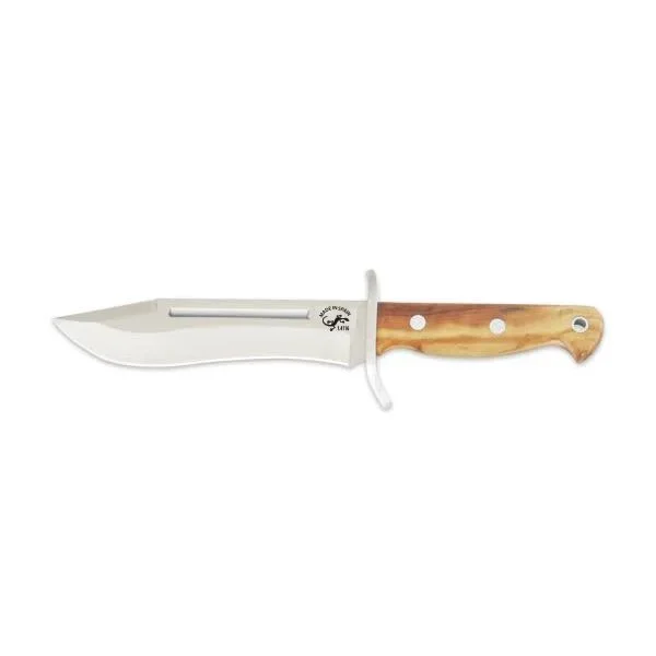 Cuchillo de caza Salamandra 232011, enterizo, hoja de acero 1.4116 de 18 cm, 425 gramos de peso, cachas de olivo + pañuelo desenfunda