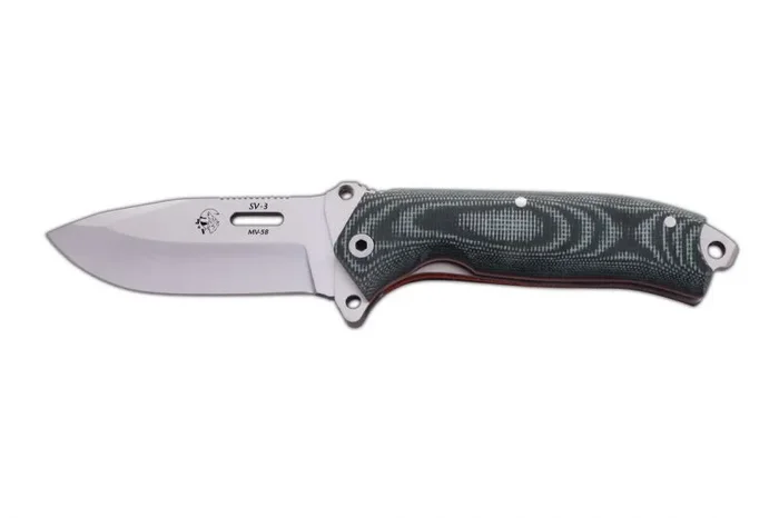 Cuchillo de Caza SV-3 J&V con mango Micarta verde, hoja de 8.5 cms y funda negra de nylon, Herramienta de Camping para Pesca, Caza, Actividad Deportiva