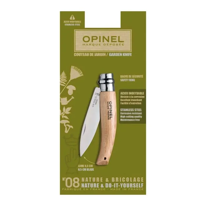 Cuchillo de jardín Opinel Nº08 en blister, hoja de acero inoxidable de 8,5 cm, mango de madera de haya, 001216