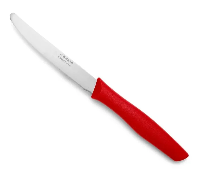 Cuchillo de Mesa Arcos Nova 188822 de acero inoxidable Nitrum y mango de Polipropileno, de color rojo hoja de 11 cm con funda y caja expositora