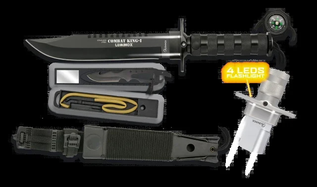 Cuchillo de supervivencia Albainox Combat King I – Luminox, mango de acero inox, hoja de 20,5 cm de acero inox, funda de ABS y Nylon