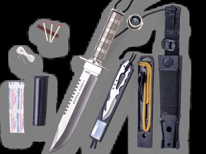 CUCHILLO DE SUPERVIVENCIA BATTLE KING I. PUÑO DE ALUMINIO Y HOJA DE 20,5 CM.INCLUYE KIT DE SUPERVIVENCIA.FUNDA DE NYLON Y PVC – JKR0602.
