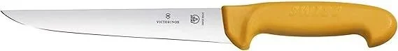 Cuchillo mediano Victorinox, hoja plana de acero inoxidable de 25 cm, ideal para cortes precisos, mango ergonómico de plástico resistente, color naranja.