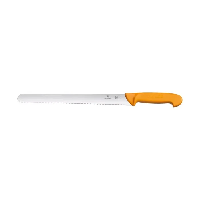 Cuchillo mediano Victorinox, ideal para rebanar y cortar, modelo con hoja de resina resistente, filo serrado, mango ergonómico antideslizante naranja.