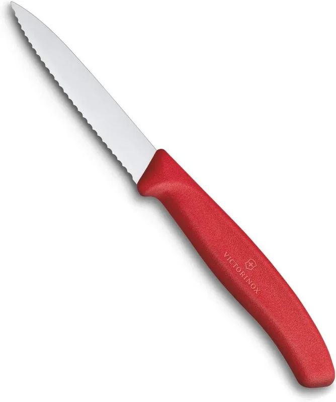 Cuchillo mondador Victorinox Swiss Classic, 8 cm, ideal para frutas, verduras y carnes, filo dentado súper afilado y mango ergonómico, Color Rojo.