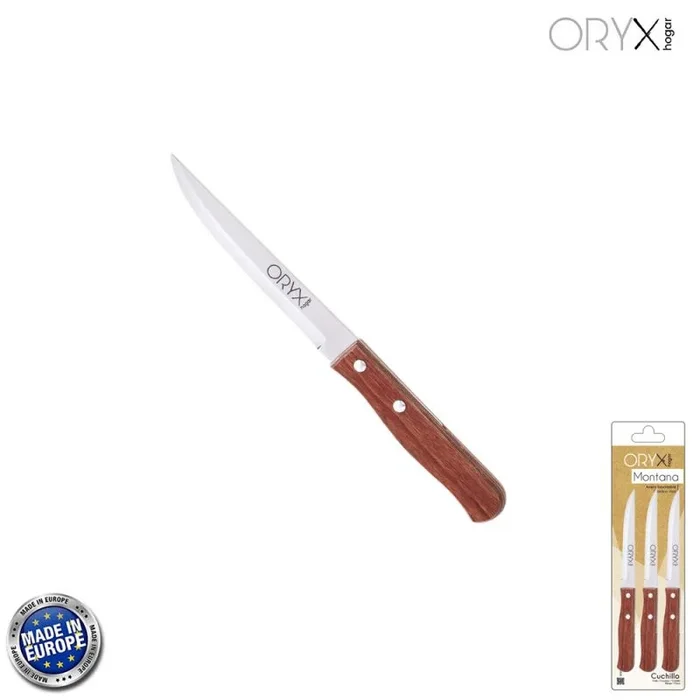 Cuchillo montana multiusos hoja lisa acero inoxidable 11 cm. mango madera (blister 3 piezas)