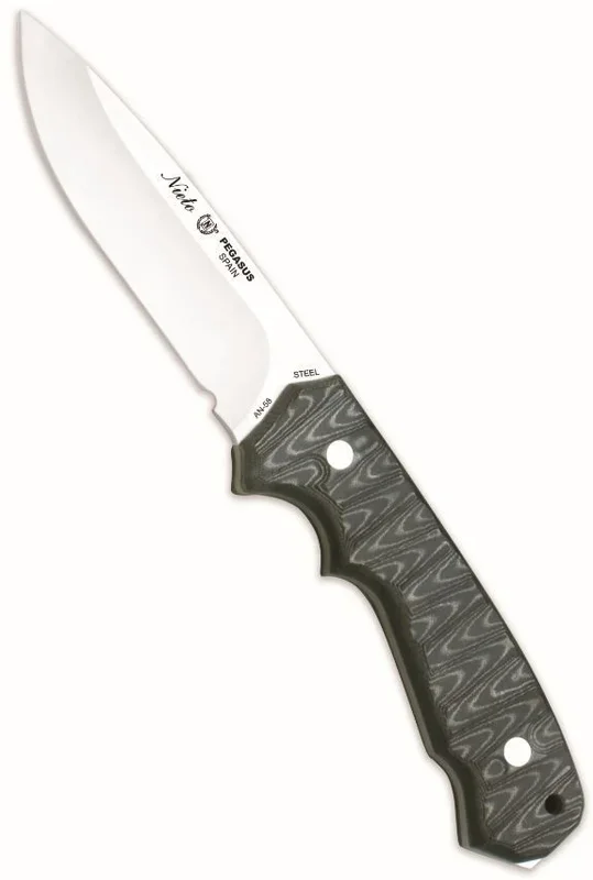 Cuchillo Pegasus 6000 Miguel Nieto de 22,5 cms, con hoja de acero de 10 cms y mango Mikarta con funda de piel de primera calidad (negra), con anclaje multiposición