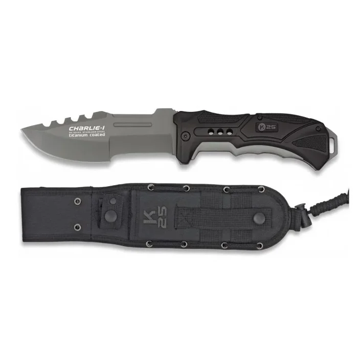 Cuchillo táctico K25 Charlie I, mango de aluminio, hoja de 13 cm, con grosor de 4,2 mm, funda de nylon, 32123