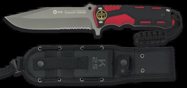 Cuchillo Táctico Rui con mango de aluminio Rojo/negro, Hoja de acero inoxidable recubierta de goma de 13.5 cm. Incluye Skinner profesional y funda de nylon 32118GR1004