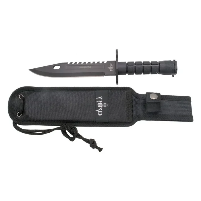 Cuchillo táctico Third H0814BK con hoja de acero 420 de 19.5 cm en negro, mango de ABS negro, funda de nylon. Modelo «Mercenario», acople en el mango para carril R.I.S.