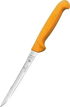 Cuchillo Victorinox Swibo, modelo profesional de 20 cm, ideal para filetear pescado, hoja flexible en acero inoxidable, mango estrecho ergonómico naranja antideslizante.