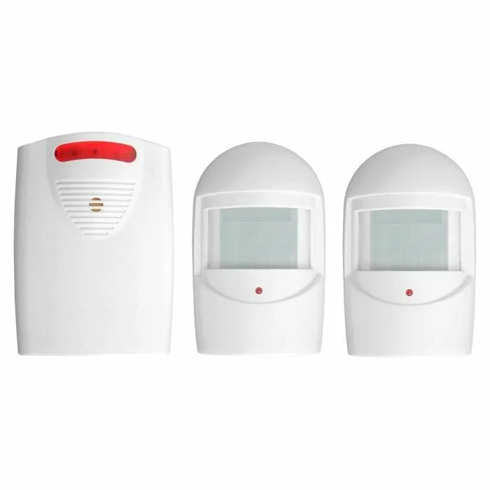 Detector de Paso inalámbrico con 2 sensores PIR, Alcance de 120 m, Volumen de 90 dB, área de detección de 8 m, ángulo de detección de 75°, Montaje en Pared, para Uso en Interiores y Exteriores.