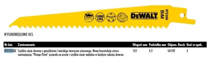 DeWalt DT2359-QZ – Hoja de sierra de sable para cortes rápidos en madera con clavos y plásticos duros
