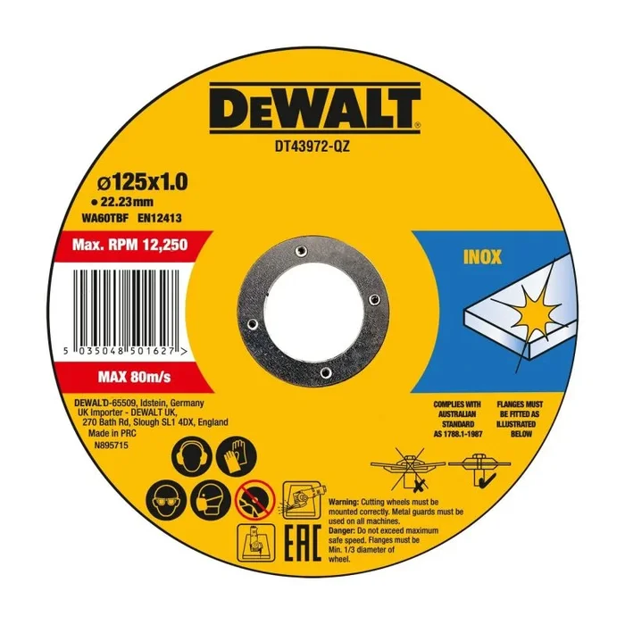 Dewalt DT43972-QZ Disco unido de alto rendimiento delgado de corte rápido (10 latas) 125 mm x 1,0 mm x 22,23 mm