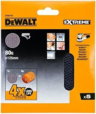 DeWalt DTM3103-QZ – Disco de lija de malla de 125 mm, grano 80, para usar con todo tipo de lijadora rotorbital