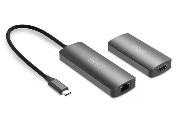 DIGITUS DS-55343 Extensor USB-C a HDMI – UHD 4K 120 Hz – 30 m mediante cable LAN – Conjunto: transmisor y receptor – HDMI 2.1, HDCP 2.3, USB 3.1 – HDR, Deep Colour