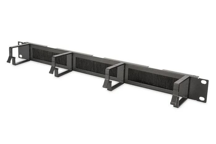 DIGITUS Panel de gestión de cables con tira de cepillo – 1U – 4 soportes guía 44 x 60 mm – 19 pulgadas – Para armarios de red y cables de red – Negro