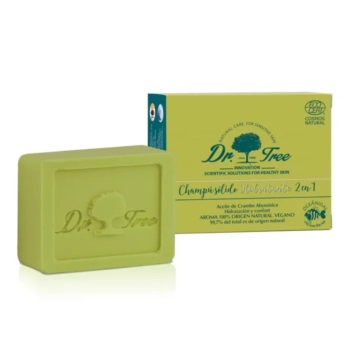 Dr. Tree Champú Sólido 2 en 1 Hidratante, Champú + Acondicionador, Acondiciona e hidrata en profundidad, Sin Sulfatos SLE, SLS, Sin parabenos, Sin siliconas, Todo tipo de Cabellos, ECOCERT
