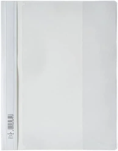 Durable 257902 Carpeta de fástener con cubierta transparente y tapa posterior de color Duraplus para A4, blanco, paquete de 25