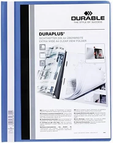 Durable 257906 Carpeta de fástener con cubierta transparente y tapa posterior de color Duraplus para A4, azul, paquete de 25