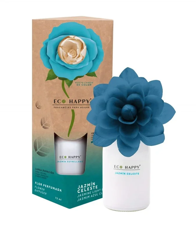ECO HAPPY – Ambientador de Flor Perfumada Que Cambia de Color. Fragancias Frescas y de Larga duración. 75 ml. (Jazmín Celeste)