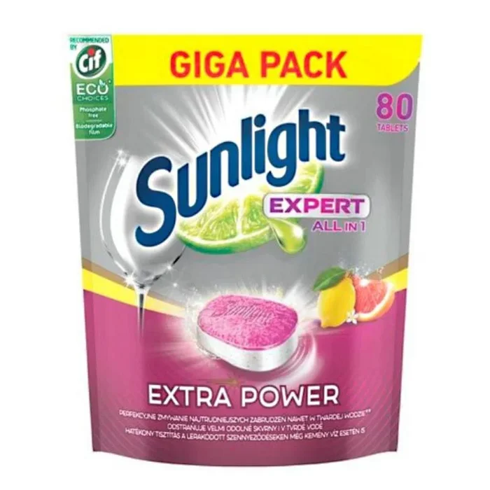 EcoMoli, 160 pastillas para lavavajillas Sunlight todo en 1 con fuerza desengrasante, función de sal, protección de cristal y aroma fresco de limón con lámina soluble en agua, 2 x 80 tabletas en bolsa con cierre