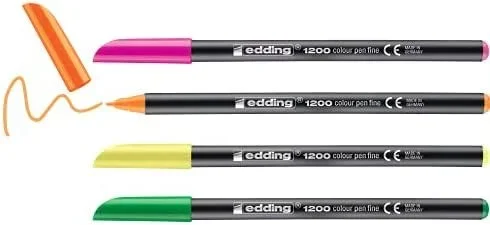 edding 1200 rotulador de color de trazo fino – amarillo, verde, naranja, rosa – 4 rotuladores – punta redonda de 1 mm – marcador