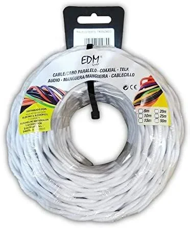 EDM 11889 Cable Paralelo Textil Trenzado, Blanco, 3 x 1.5 mm x 5 m