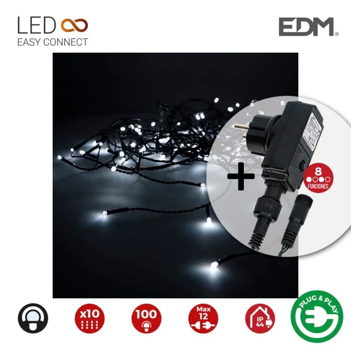 EDM 71480 Cortina con Programador 2 x 1, 100 Leds, Blanco, 10 M