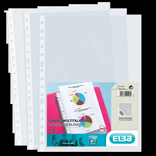 Elba pack de 10 fundas multitaladro pp 90 micras – tamaño folio – acabado piel naranja – transparente