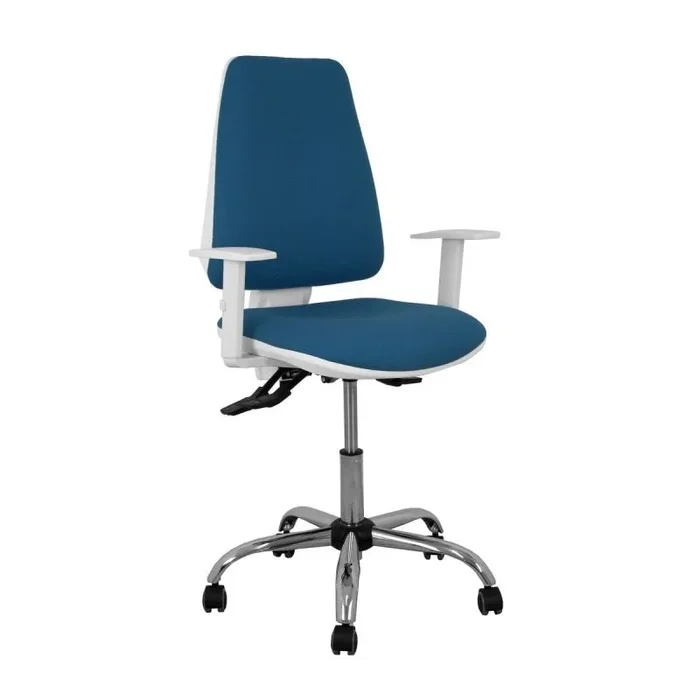 Elche blanca – Silla de oficina ergonómica con mecanismo asincro, regulable en altura y ruedas de parqué – Base cromada. Asiento y respaldo tapizados en tejido BALI color azul marino.