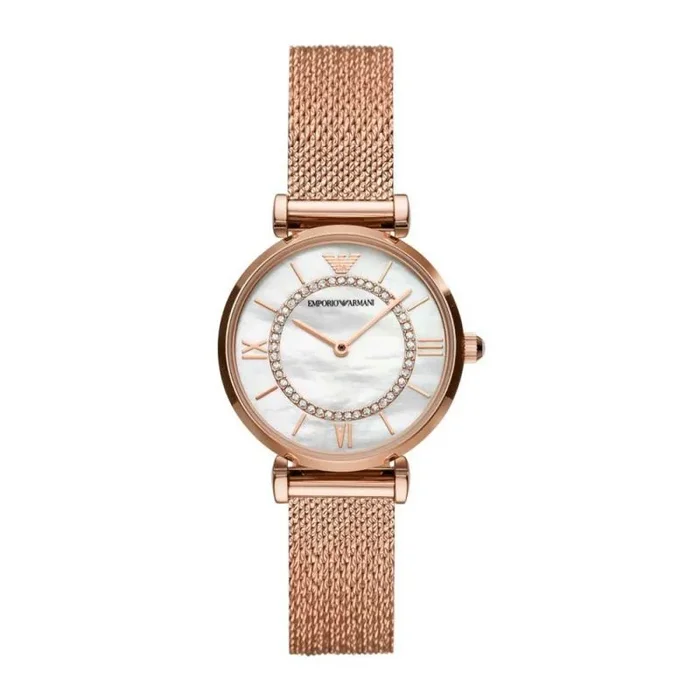 Emporio Armani Reloj Mujer, Movimiento de dos manecillas, caja de acero inoxidable de 32 mm, color oro rosa, con correa de acero, AR11320, Tono oro rosa y blanco roto