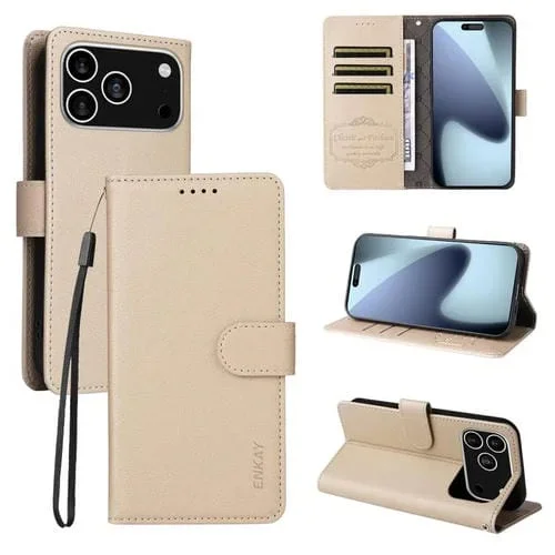 ENKAY – Funda de piel con textura de lichi y bloqueo RFID para iPhone 16e (beige)