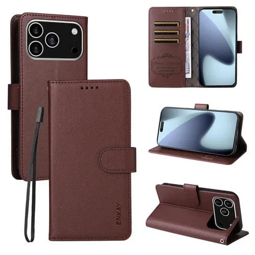 ENKAY – Funda de piel con textura de lichi y bloqueo RFID para iPhone 16e (marrón)