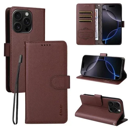 ENKAY – Funda de piel con textura de lichi y función atril para iPhone 16 Pro Max (marrón)