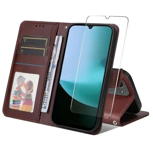 ENKAY – Funda para Redmi 15C 5G/4G EU (173,1 mm), diseño de tarjetero, textura de becerro, con protector de pantalla (marrón)