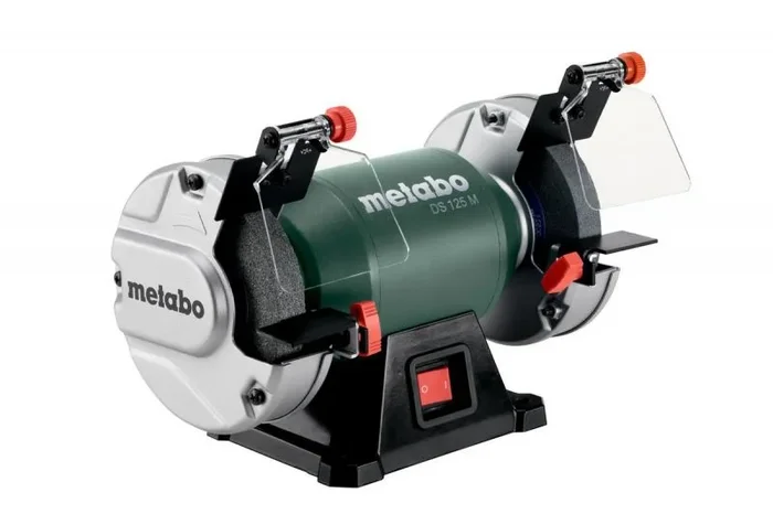Esmeriladora doble METABO DS 125 M, herramienta de banco, ideal para afilar y desbastar, motor silencioso de inducción, diseño compacto, color gris metálico