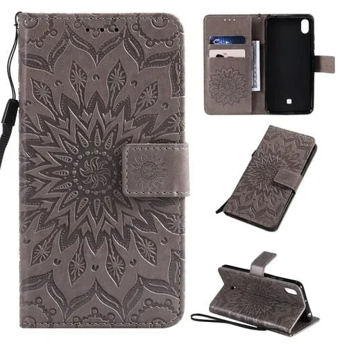 Estuche Cuero Pu LG K20 (2019) Tapa Horizontal Girasol Soporte Ranuras Billetera Cordón (Gris)