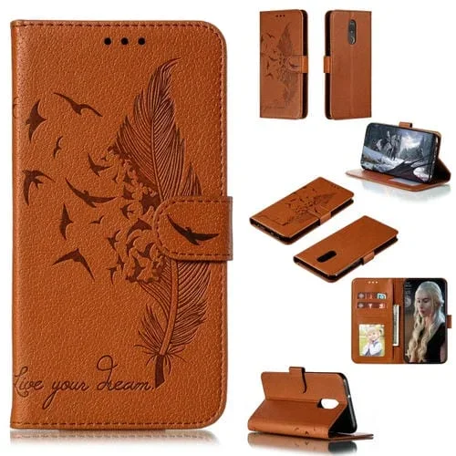 Estuche de Cuero con Tapa Horizontal y Diseño de Plumas con Billetera y Soporte para LG Stylo 5 (Marrón)