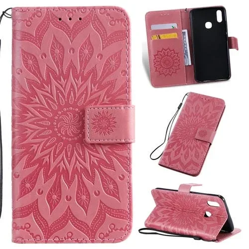 Estuche de Cuero de Pu con Diseño de Girasol con Estampado Prensado Horizontal para Vivo Y93 / Y91 / Y95, con Soporte, Ranuras para Tarjetas, Billetera y Cordón (Rosa)