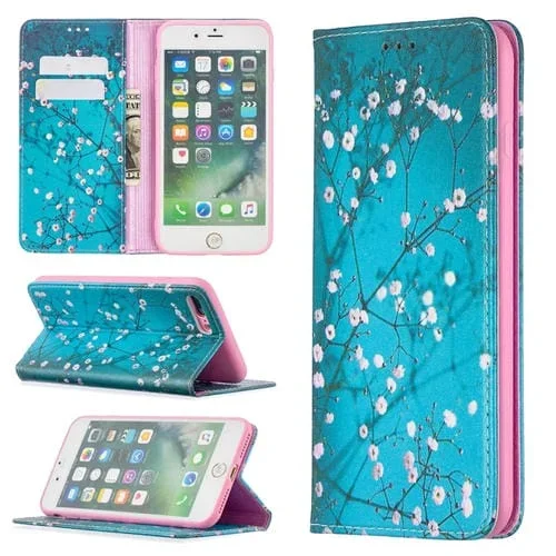 Estuche de Cuero de PU con Tapa Horizontal Magnética Invisible con Soporte y Ranuras para Tarjetas para iPhone 8 Plus y 7 Plus (Plum Blossom)