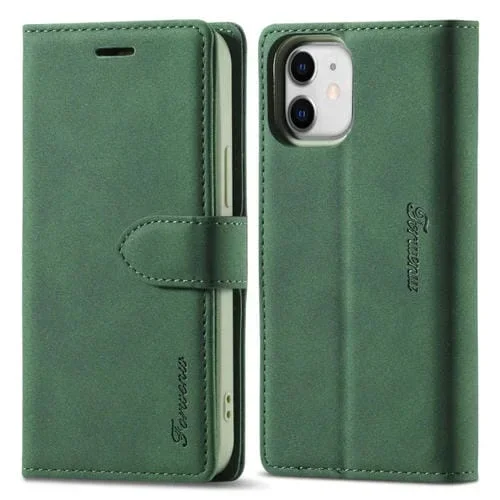 Estuche de Cuero FoRWenw F1 Series para iPhone 13 Mini con Tapa Horizontal Magnética Mate Soporte Ranuras y Billetera (Verde)