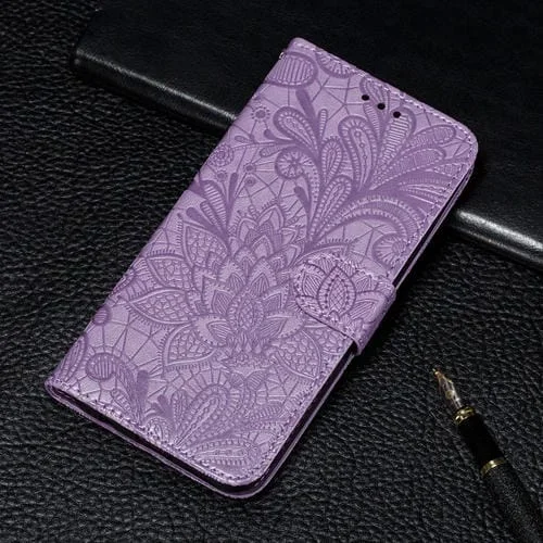 Estuche de Cuero Galaxy Note10 con Tapa Horizontal, Soporte, Ranuras para Tarjetas, Billetera, Marco de Fotos y Cordón (Púrpura)