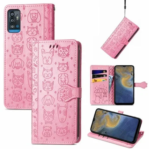 Estuche de Cuero Horizontal para ZTE A71 Gato y Perro con Soporte, Tragamonedas, Billetera y Cordón (Rosa)