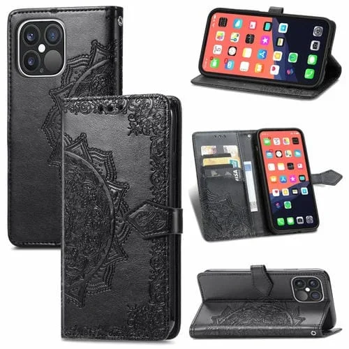 Estuche de Cuero iPhone 13 Pro Mandala Flower con Tapa Horizontal En Relieve Soporte Tres Ranuras Billetera y Cordón (Negro)