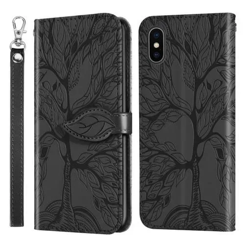 Estuche de cuero Life Of Tree para iPhone Xs Max con tapa horizontal, soporte, ranura para tarjeta, billetera, marco de fotos y cordón (Negro)