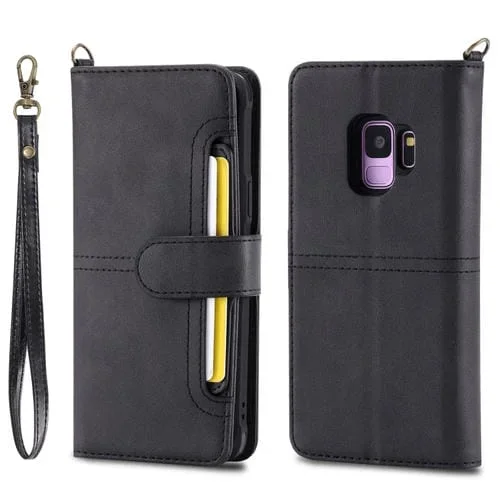 Estuche de Cuero Para Galaxy S9 con Tapa Horizontal Magnética Desmontable Multifuncional Ranuras Tarjetas Soporte Billetera Marco Fotos (Negro)